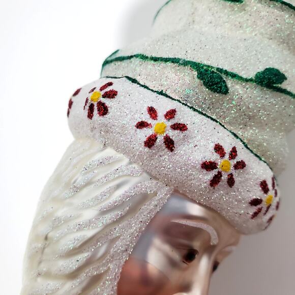 Glass Santa Ornament White w/Green Vine Red Yellow Flowers Winter - Picture 15 of 16